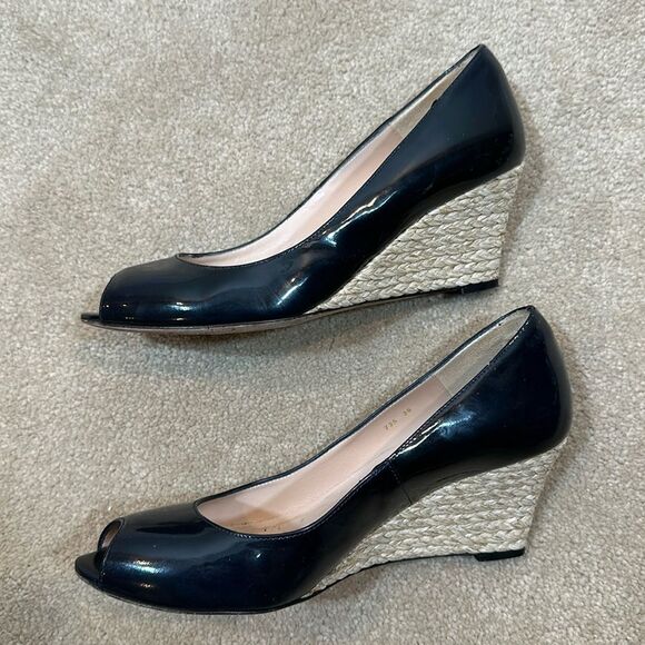L.K. Bennett London Women Edee Open Peep Toe Wedge Patent Navy Blue Size 38 / 7 - Picture 5 of 10